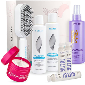 Gift Set of Bondox Expert, Magicliss Spray, Pro Keratin Hair Mask, Nutri Shots and Amazonliss Self-Cleaning Hair Brush - Nutree Cosmetics